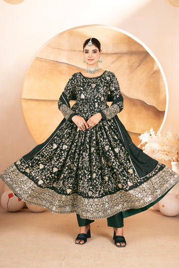 Dark Green Georgette Embroidered Anarkali Suit Set with Dupatta