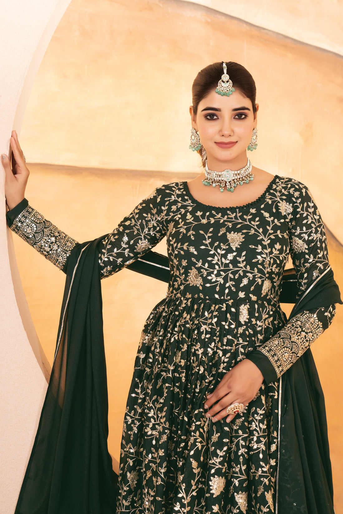 Dark Green Georgette Embroidered Anarkali Suit Set with Dupatta