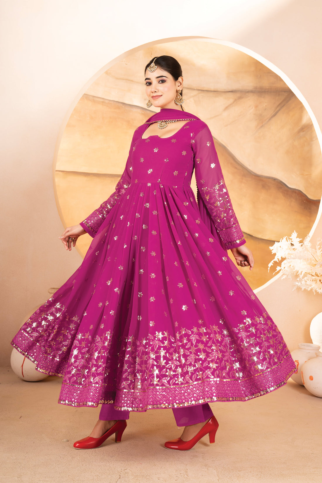 Rani Pink Georgette Embroidered Anarkali Suit Set