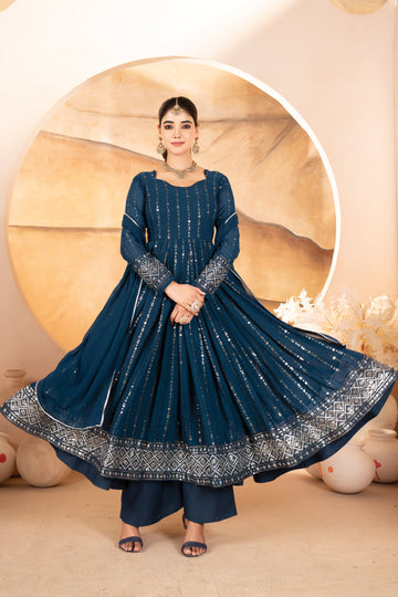 Rama Georgette Embroidered Anarkali Suit Set with Dupatta