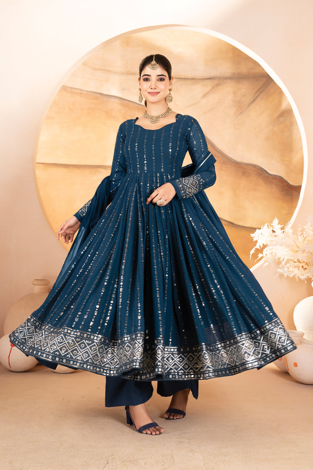 Rama Georgette Embroidered Anarkali Suit Set with Dupatta
