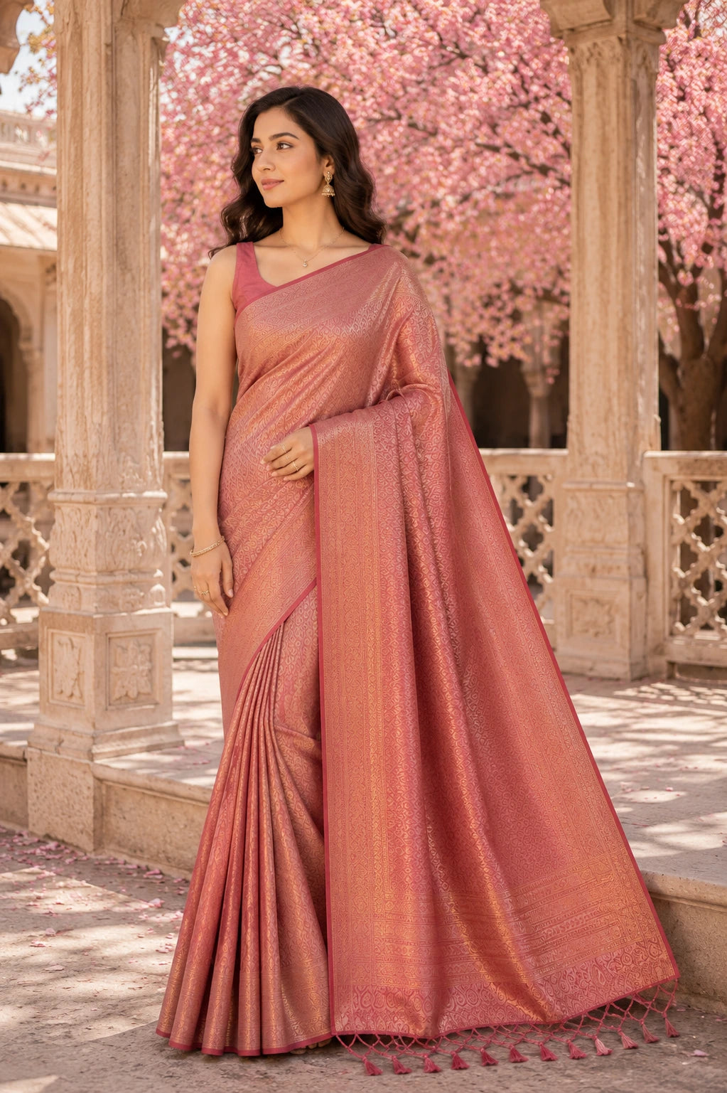 Rose Pink Banarasi Style Soft Silk Saree with Zari Weave