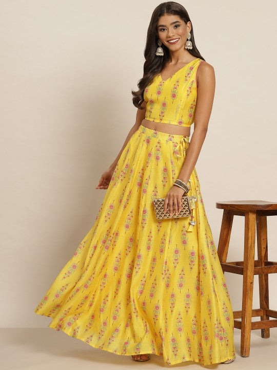 Yellow & Pink Printed Ready to Wear Lehenga & Choli