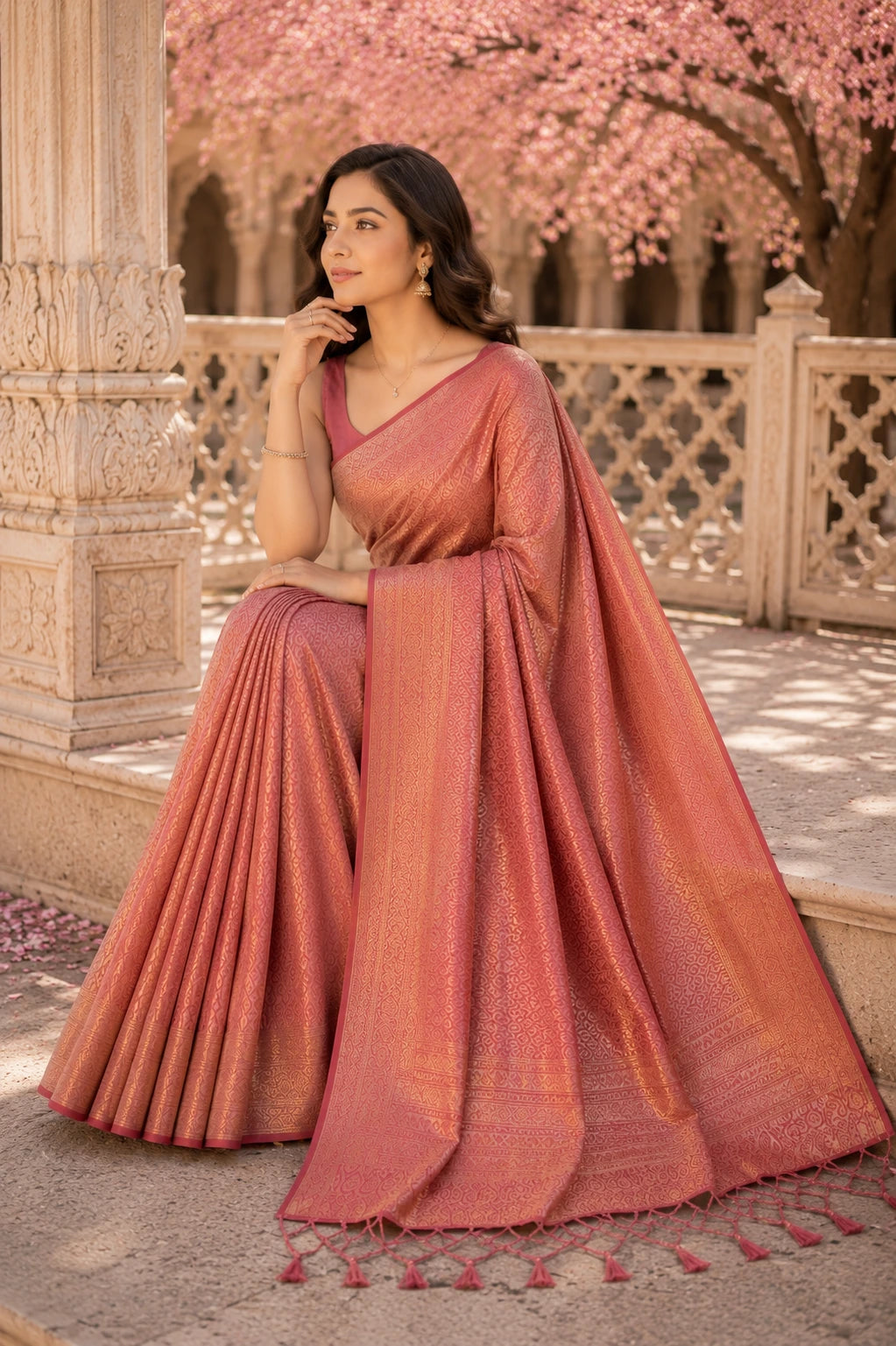 Rose Pink Banarasi Style Soft Silk Saree with Zari Weave