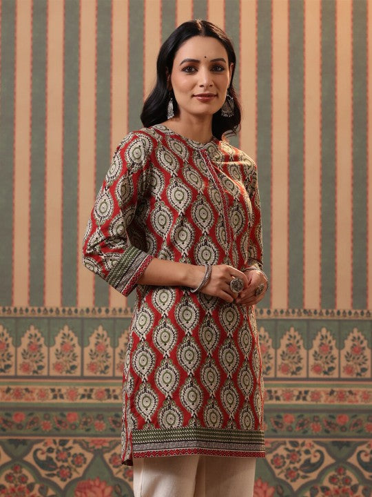 Red & Beige Ethnic Motifs Printed Pure Cotton Kurti