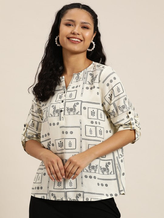 Ethnic Motifs Printed Mandarin Collar Bohemian Top