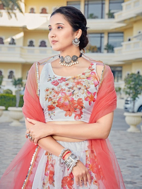 White & Pink Printed Sequinned Semi-Stitched Lehenga & Unstitched Blouse With Dupatta