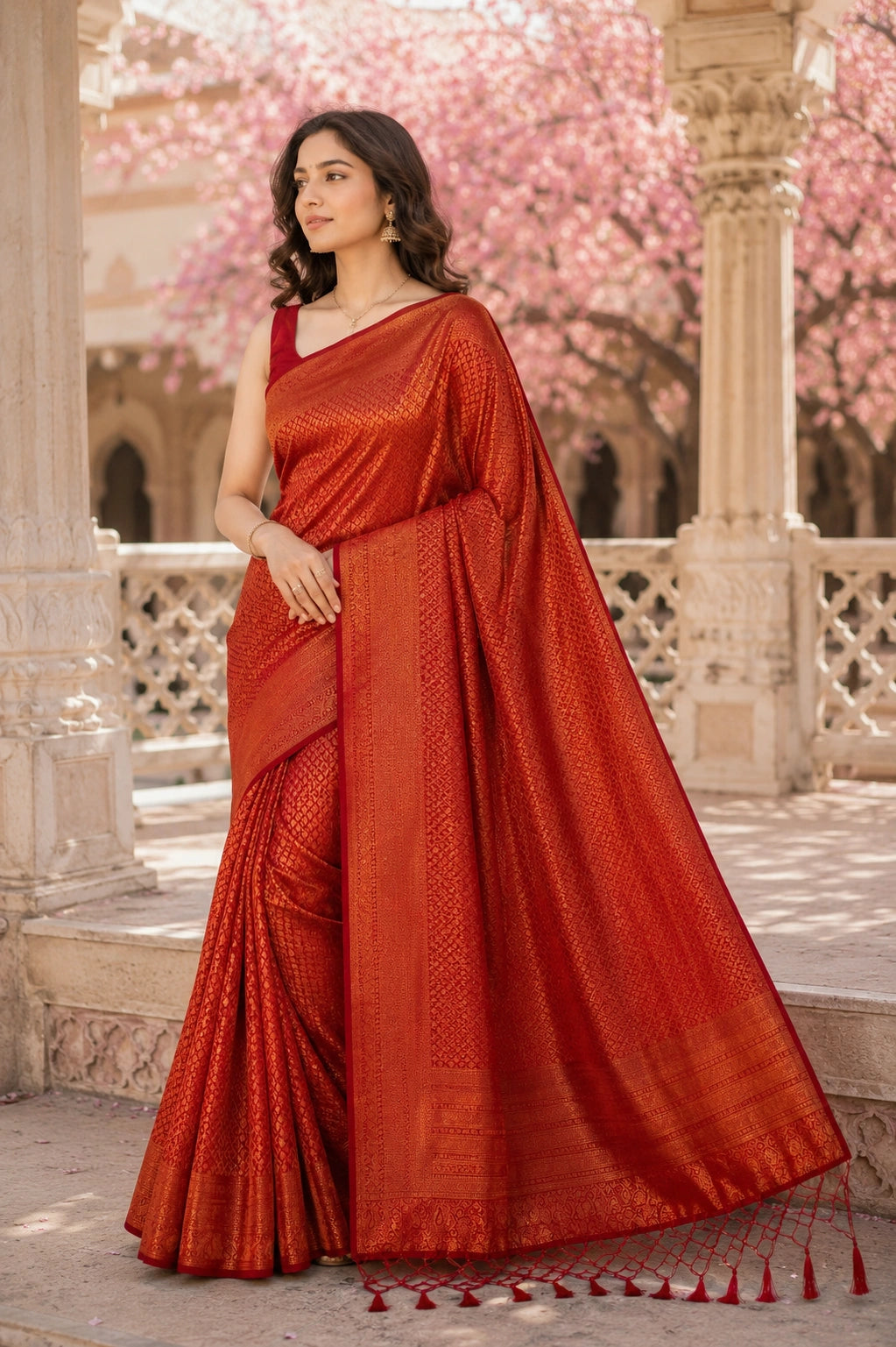Orange Banarasi Style Soft Silk Saree with Zari Weave