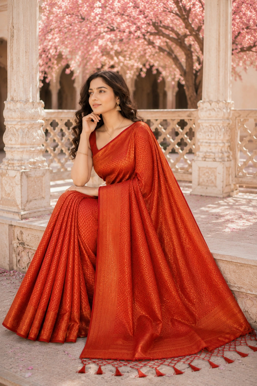 Orange Banarasi Style Soft Silk Saree with Zari Weave
