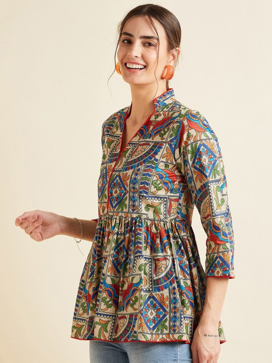 Beige & Red Ethnic Motifs Printed Kalamkari Empire Anarkali Pure Cotton Kurti