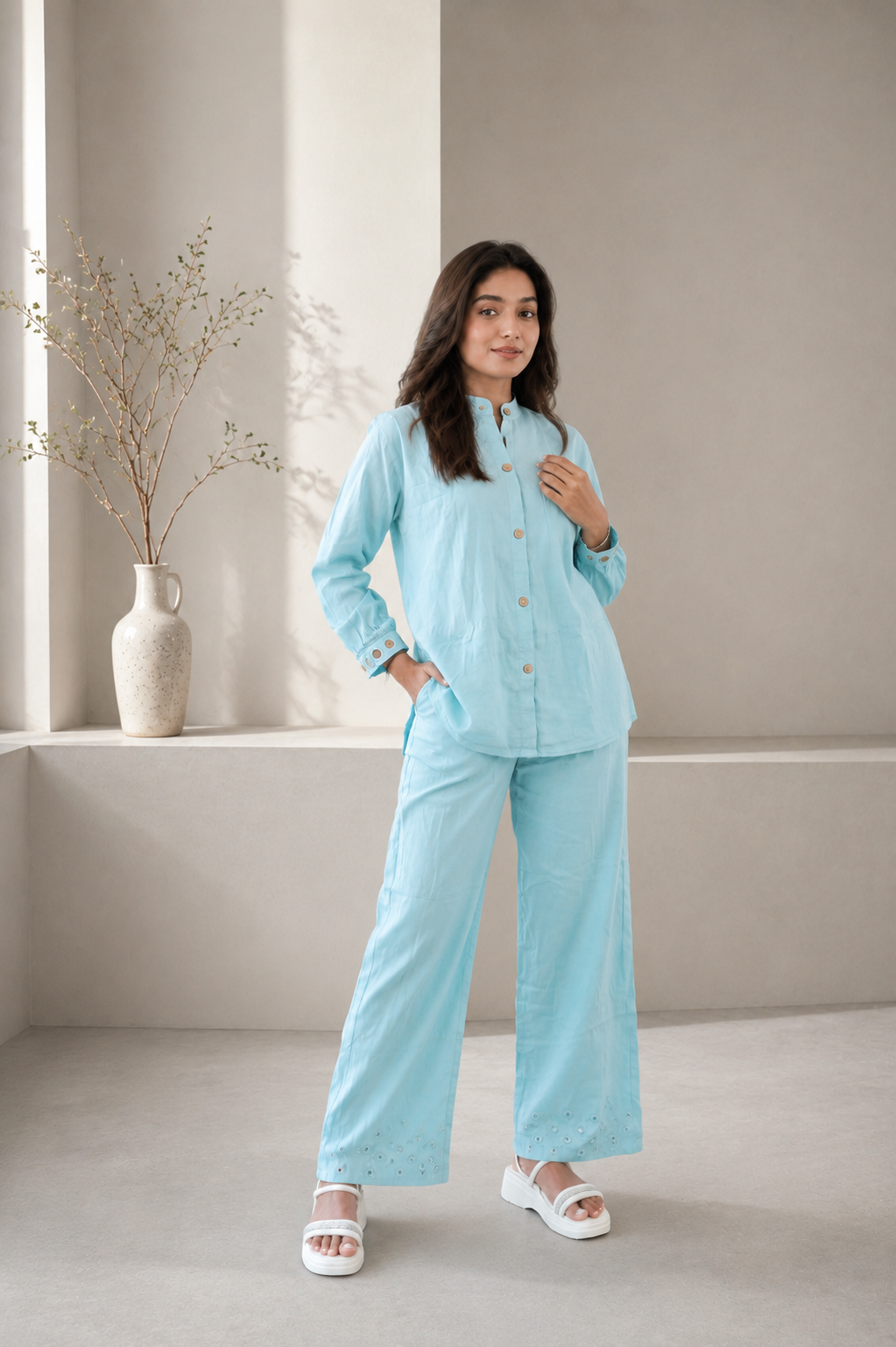 Light Blue Linen Embroidered Night Suit Set for Women