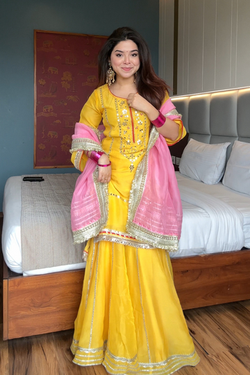 Neon Yellow Faux Blooming Sharara Suit Set
