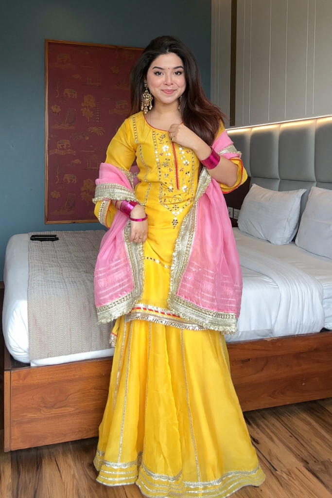 Neon Yellow Faux Blooming Sharara Suit Set