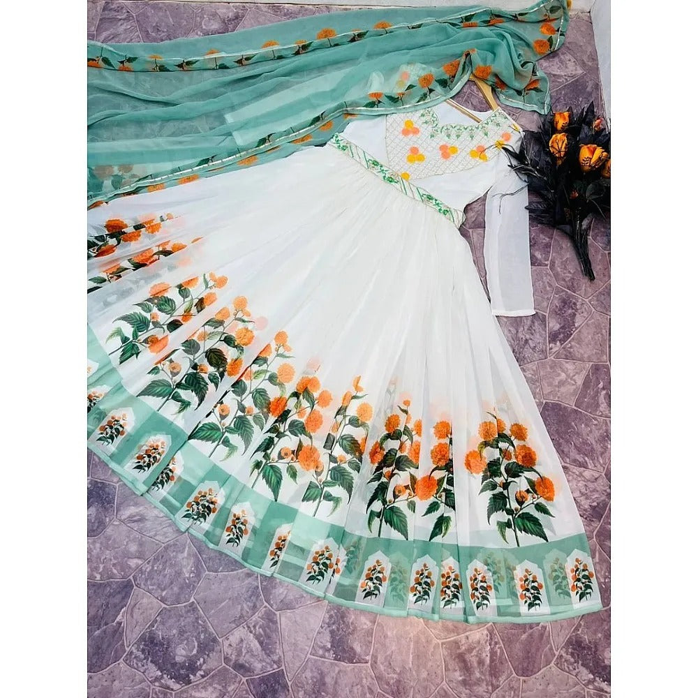 White Color Embroidery Work & Digital Printed Gown