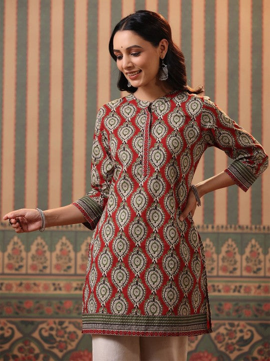 Red & Beige Ethnic Motifs Printed Pure Cotton Kurti