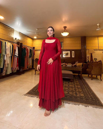 Red 2-Layer Faux Blooming Anarkali Suit Set with Dupatta