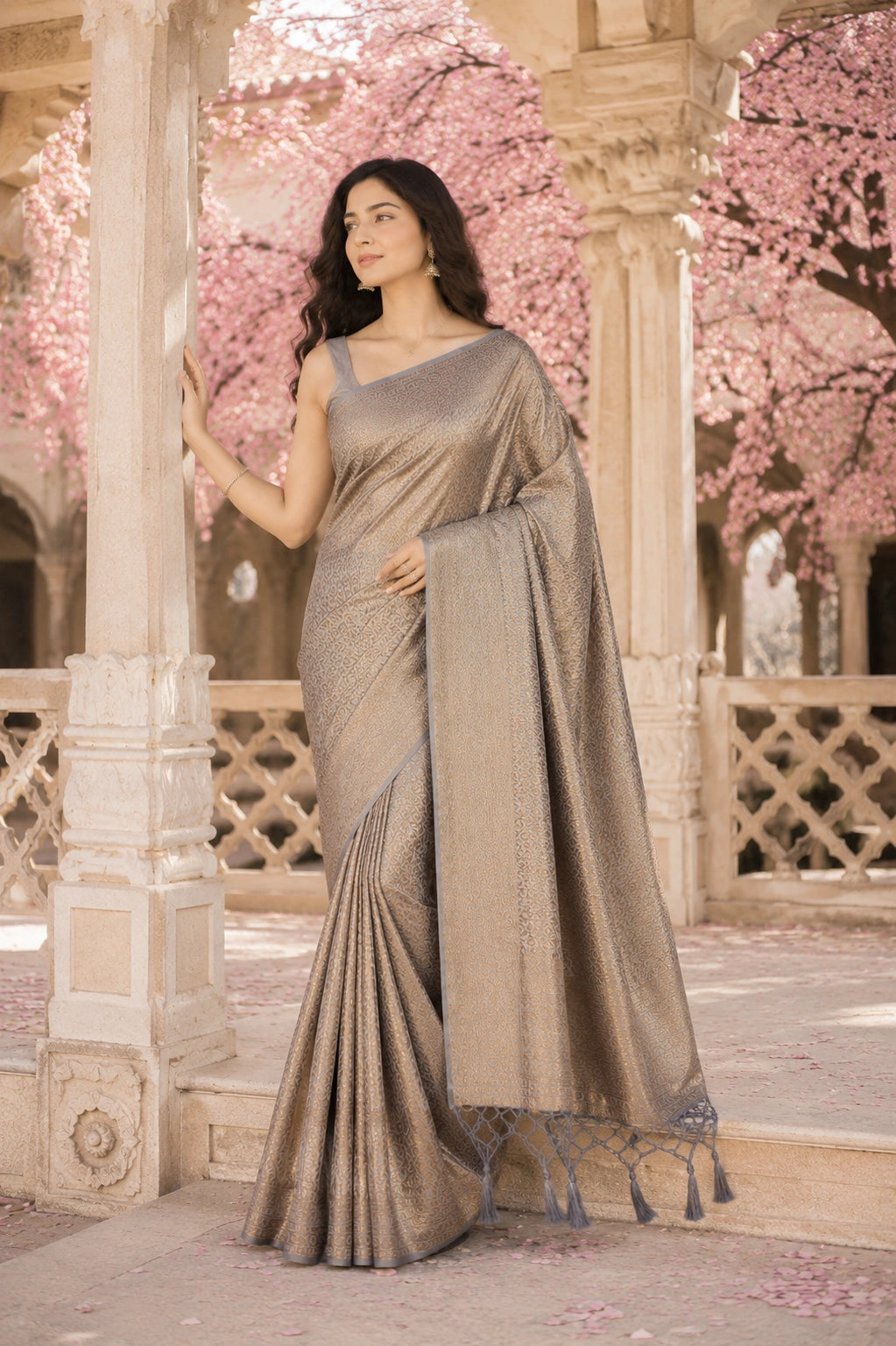Taupe Grey Banarasi Style Soft Silk Saree with Gold Zari