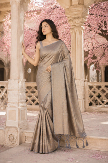 Taupe Grey Banarasi Style Soft Silk Saree with Gold Zari