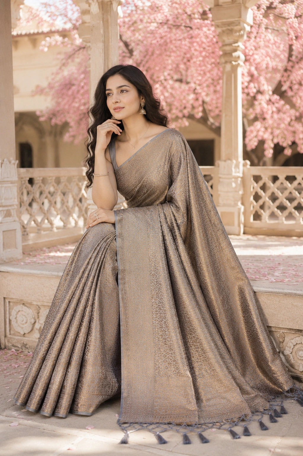 Taupe Grey Banarasi Style Soft Silk Saree with Gold Zari