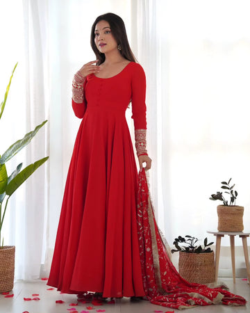 Red Faux Georgette Anarkali Gown Set