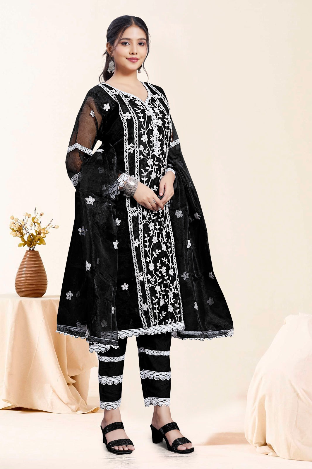 Black Embroidered Ethnic Suit Set With Dupatta