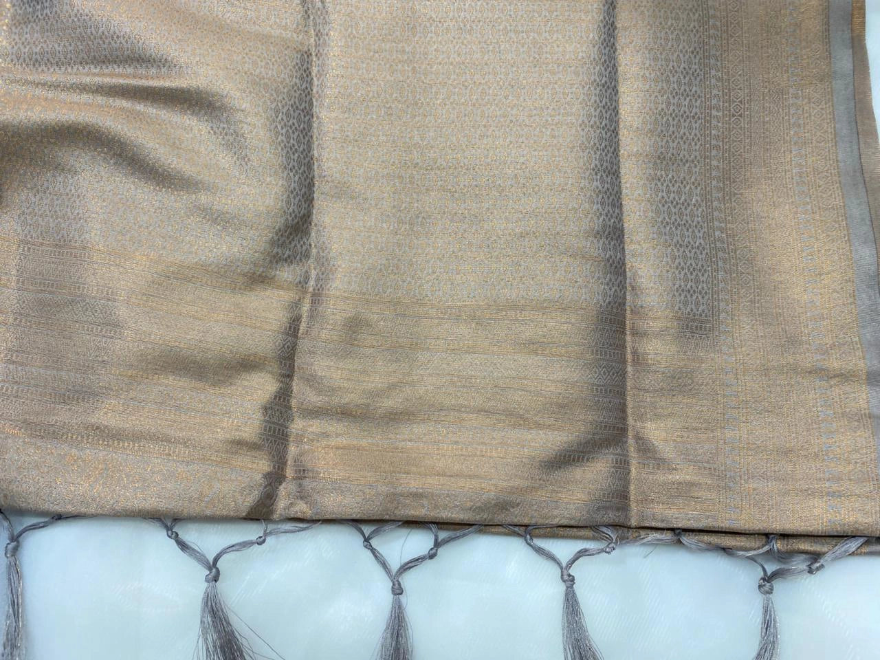 Taupe Grey Banarasi Style Soft Silk Saree with Gold Zari