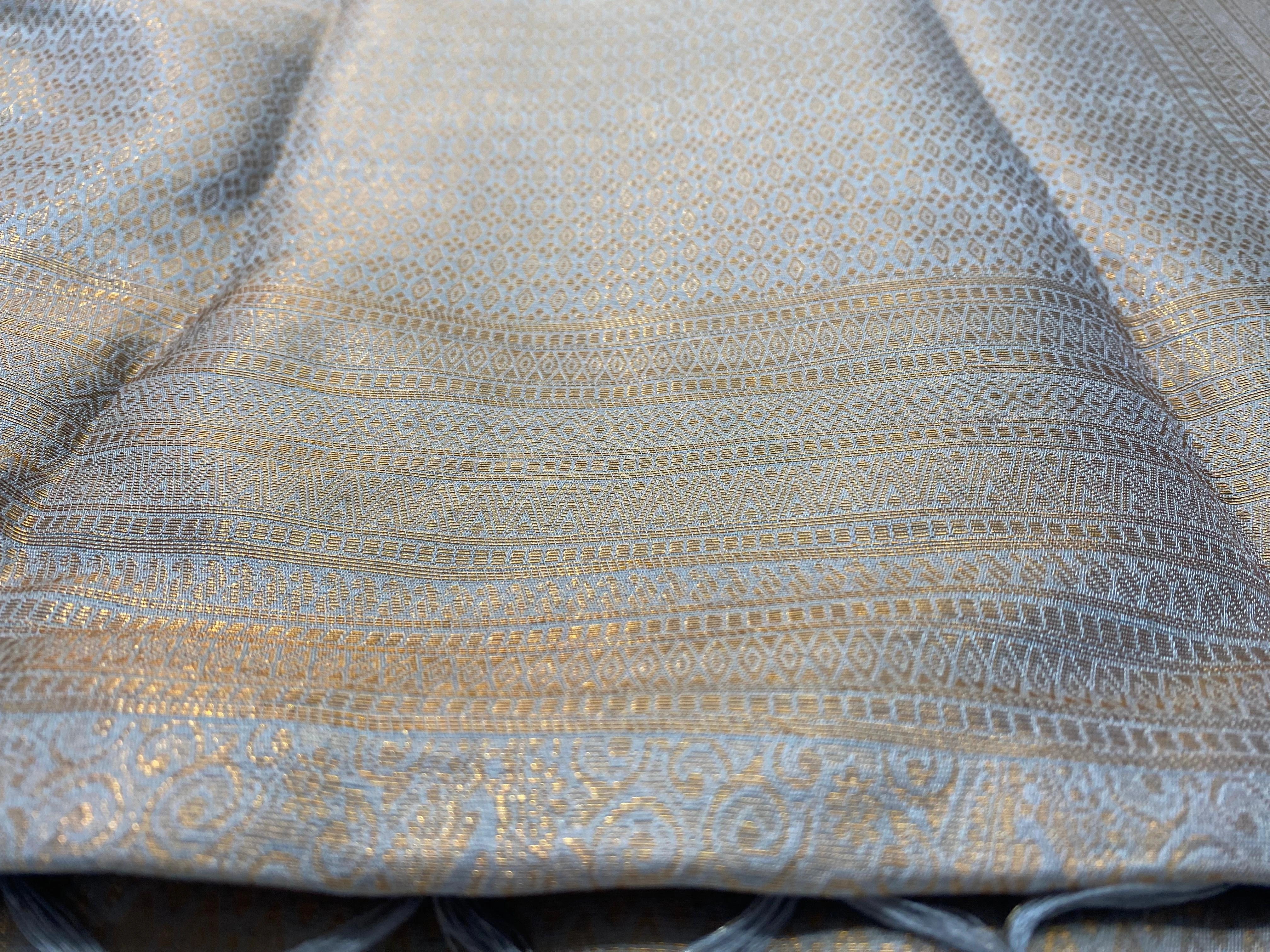 Taupe Grey Banarasi Style Soft Silk Saree with Gold Zari