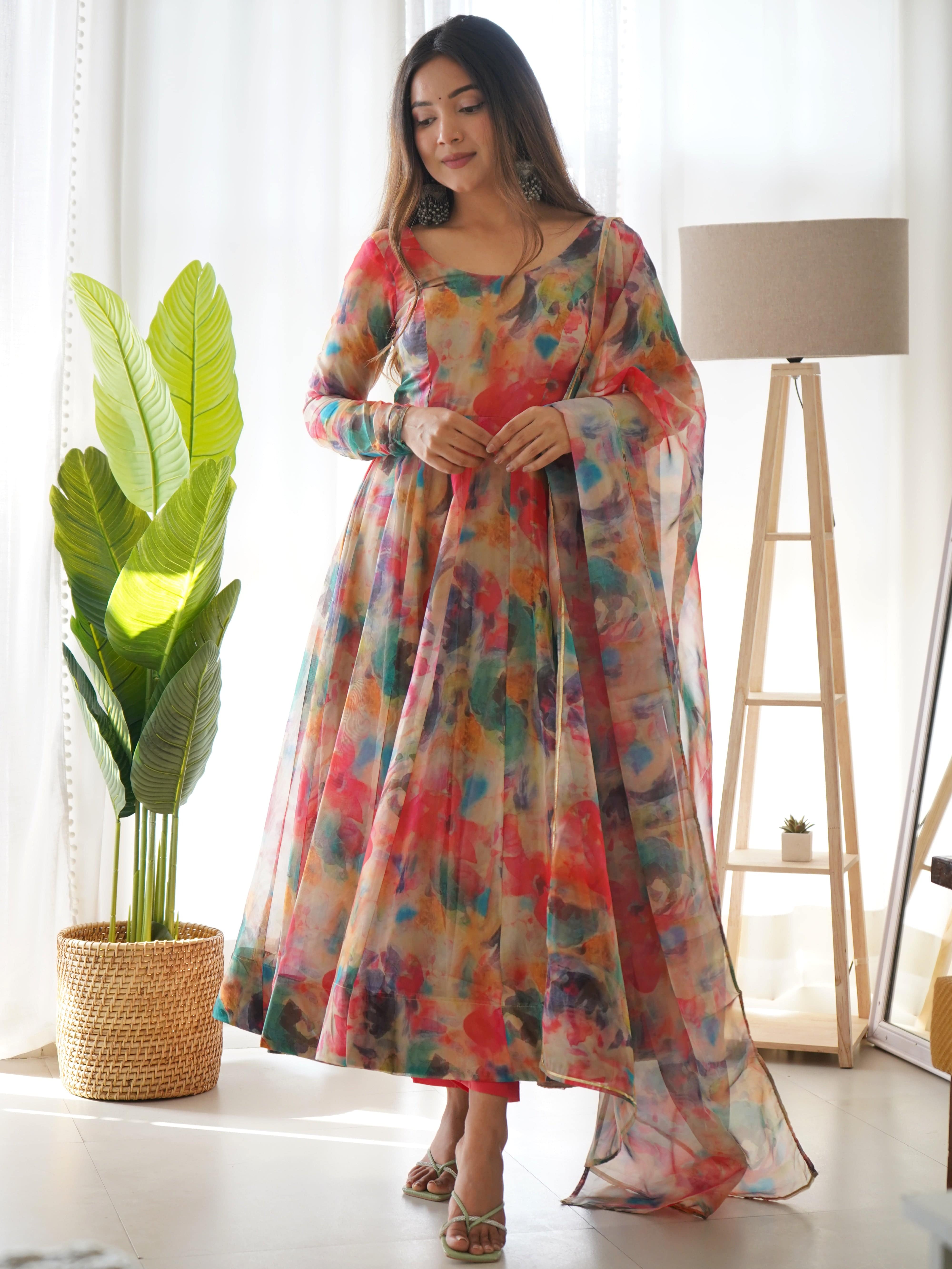 Elegant Soft Organza Silk Floral Designer Anarkali Pant Suit