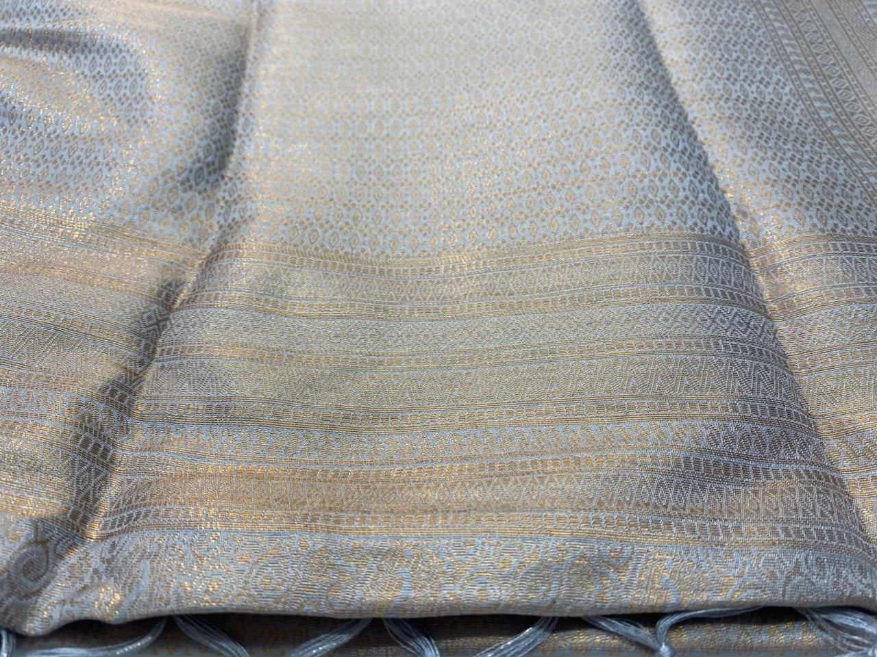 Taupe Grey Banarasi Style Soft Silk Saree with Gold Zari
