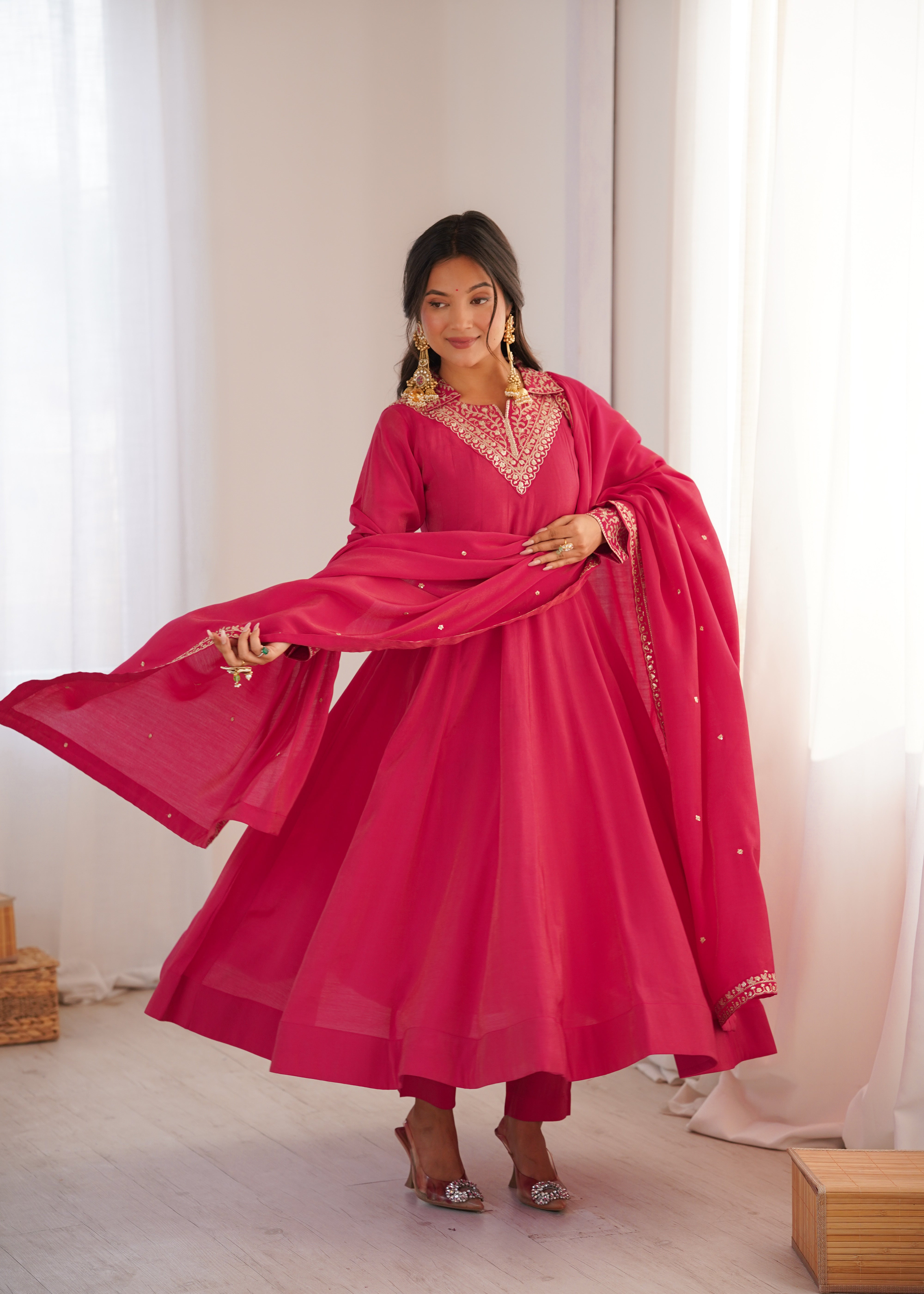 Luxury Heavy Roman Shimmer Silk Designer Anarkali Suit Set