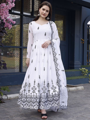 White Embroidered Anarkali Suit Set With Dupatta