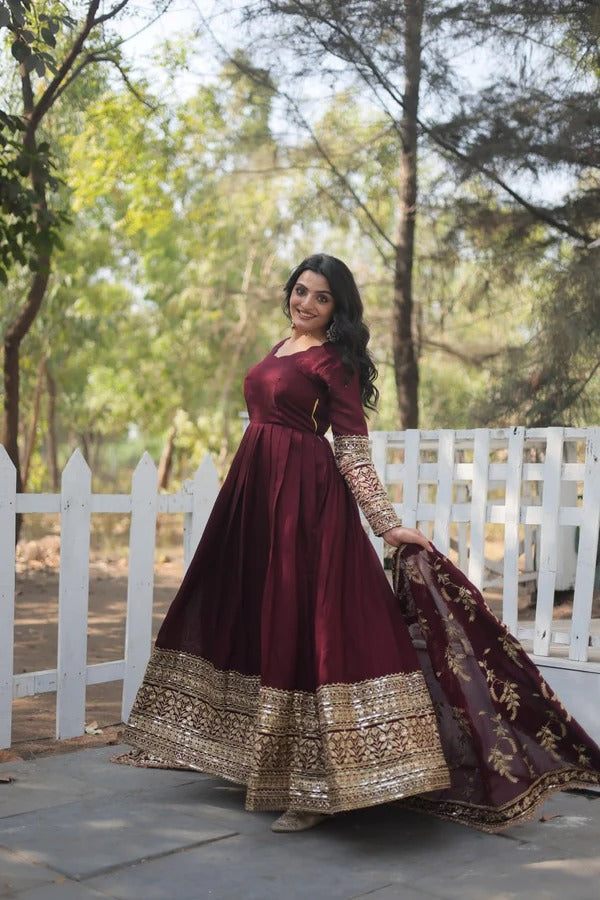 Maroon Velvet Embroidered Anarkali Suit With Dupatta