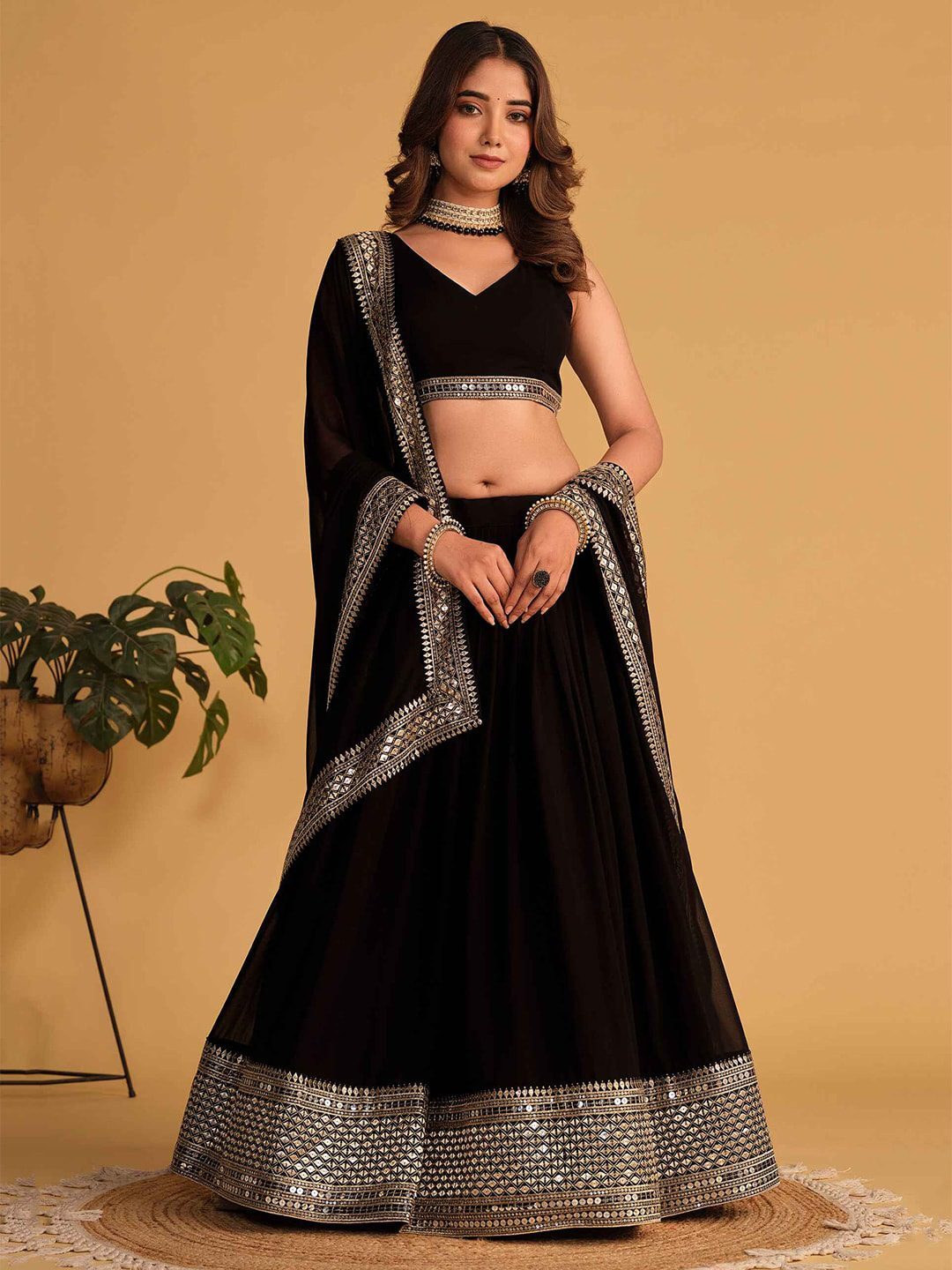 Black Embroidered Faux Blooming Lehenga Choli Set