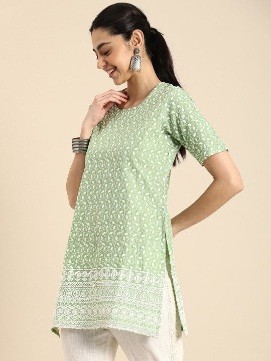 Ethnic Motifs Embroidered Chikankari Pure Cotton Kurti