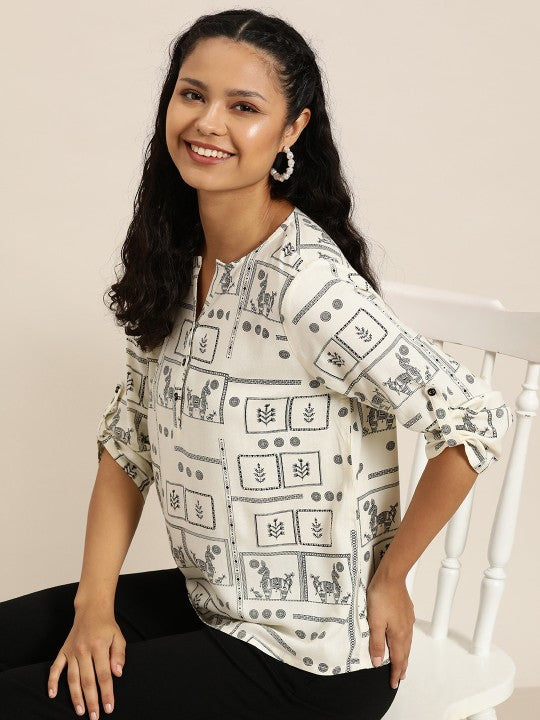 Ethnic Motifs Printed Mandarin Collar Bohemian Top