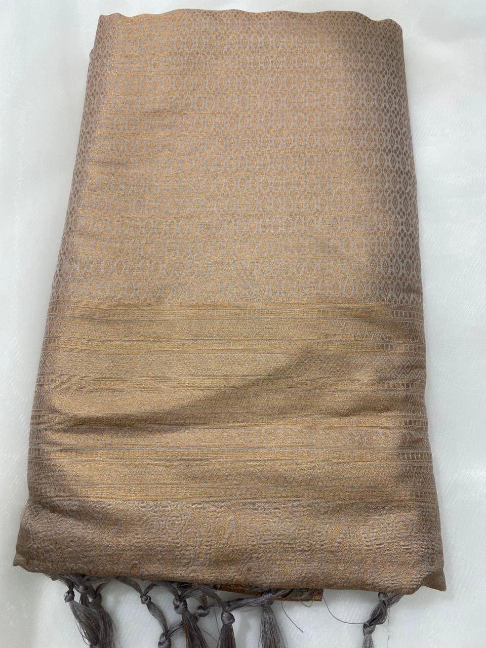 Taupe Grey Banarasi Style Soft Silk Saree with Gold Zari