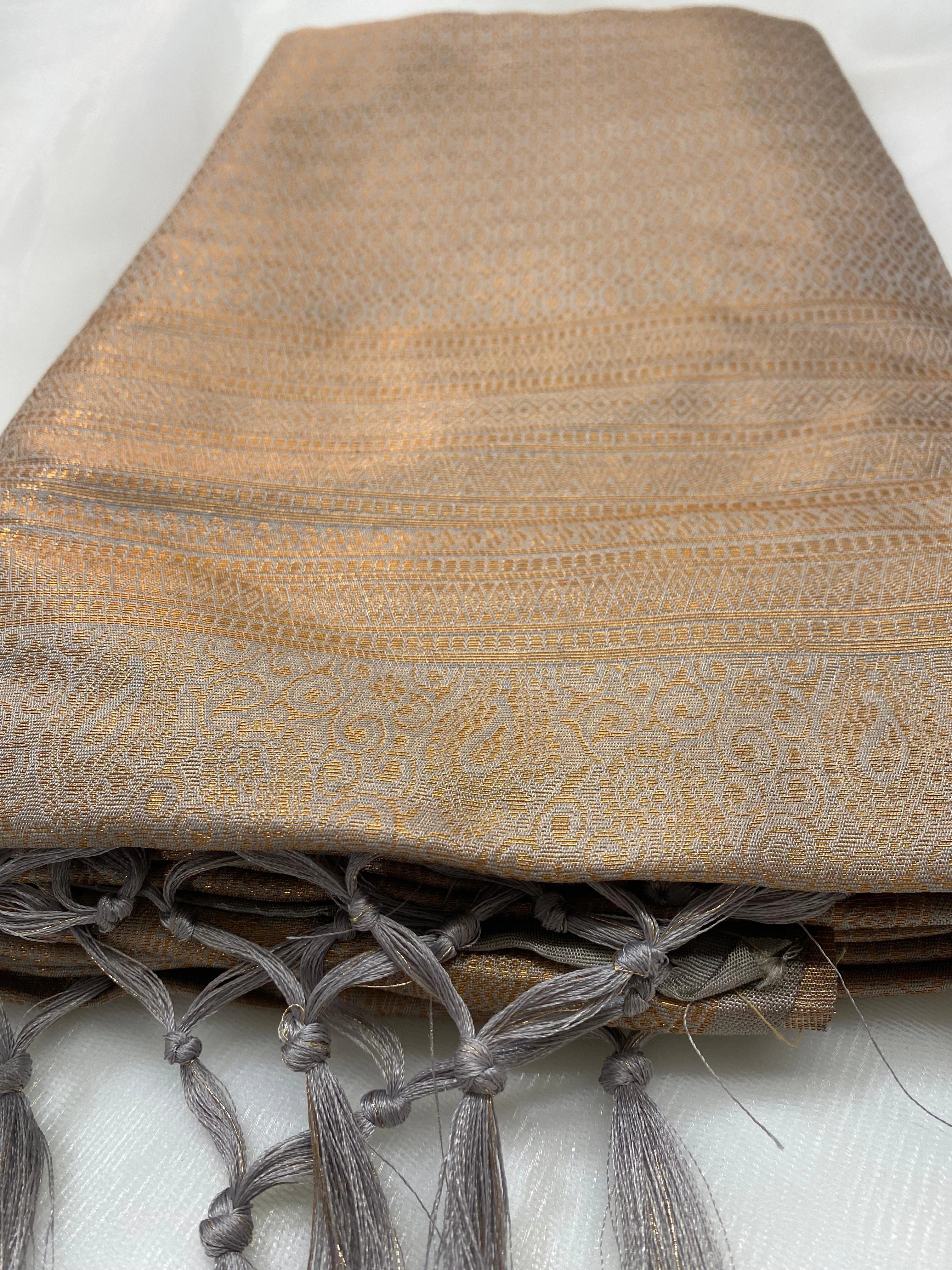 Taupe Grey Banarasi Style Soft Silk Saree with Gold Zari