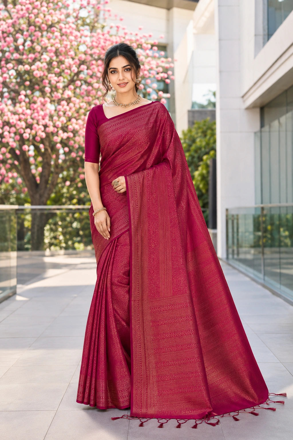Dark Magenta Banarasi Style Soft Silk Saree with Gold Zari