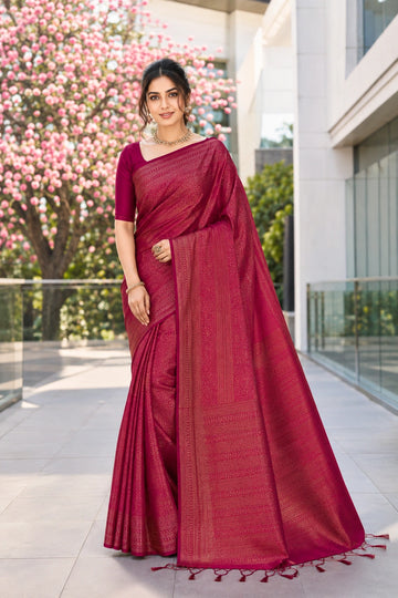 Dark Magenta Banarasi Style Soft Silk Saree with Gold Zari