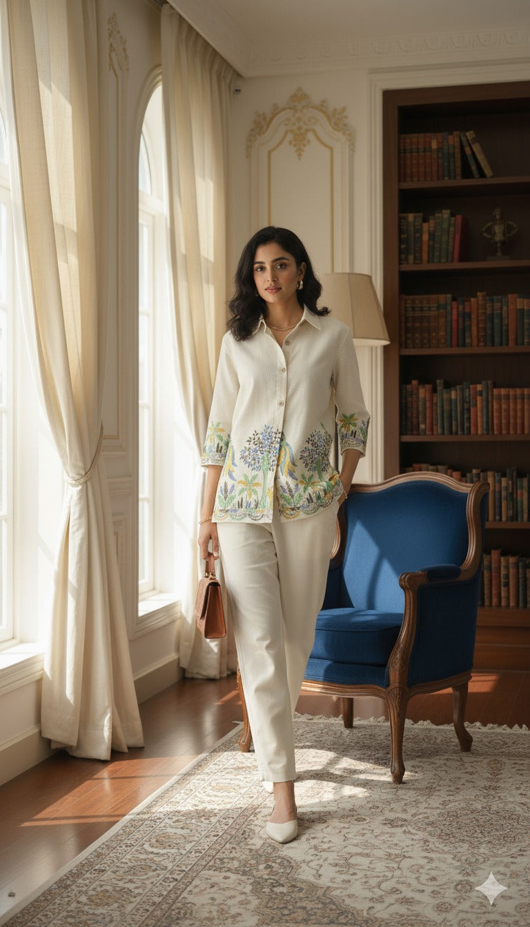 Cream Embroidered Floral Silk Co Ord Set for Women