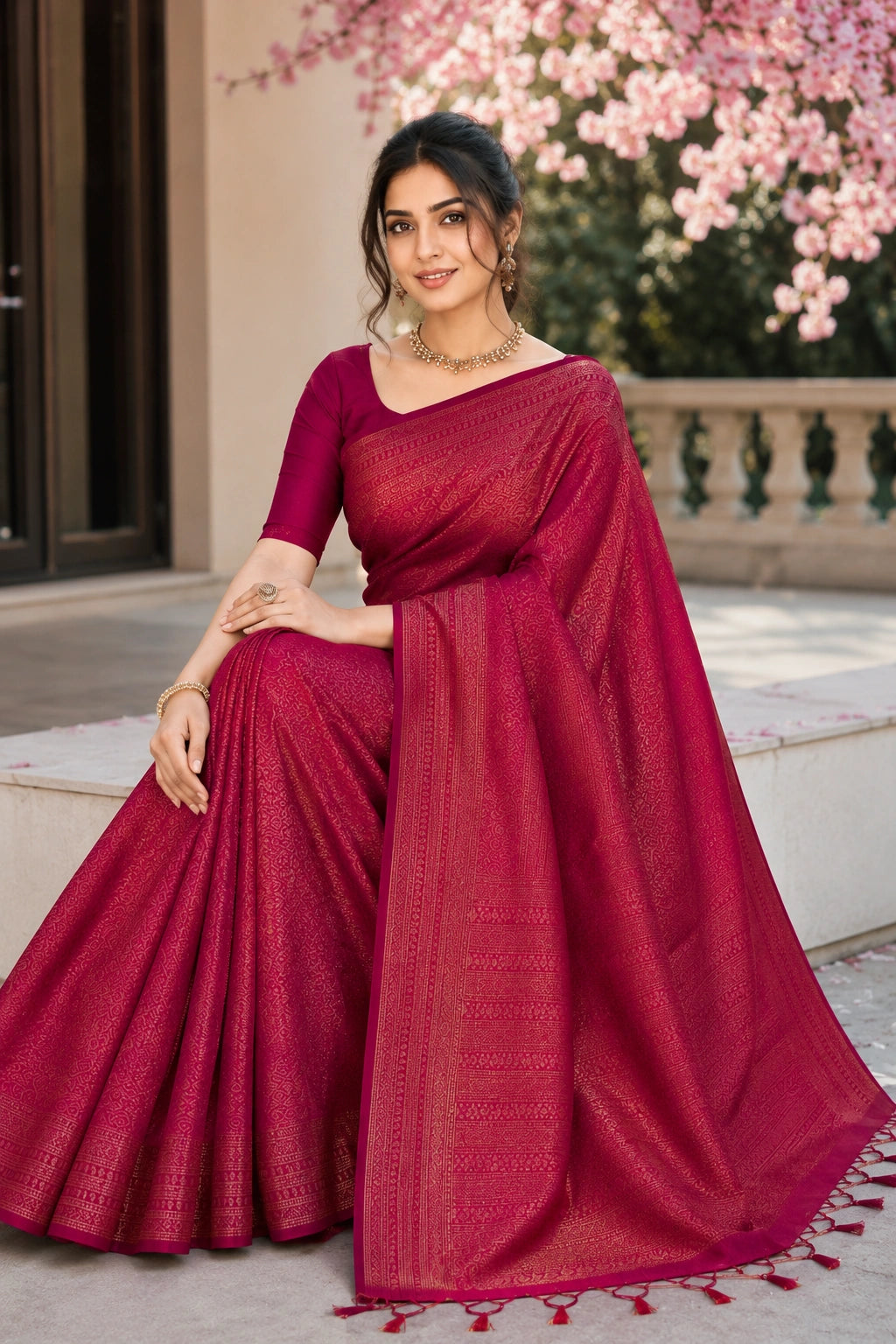Dark Magenta Banarasi Style Soft Silk Saree with Gold Zari