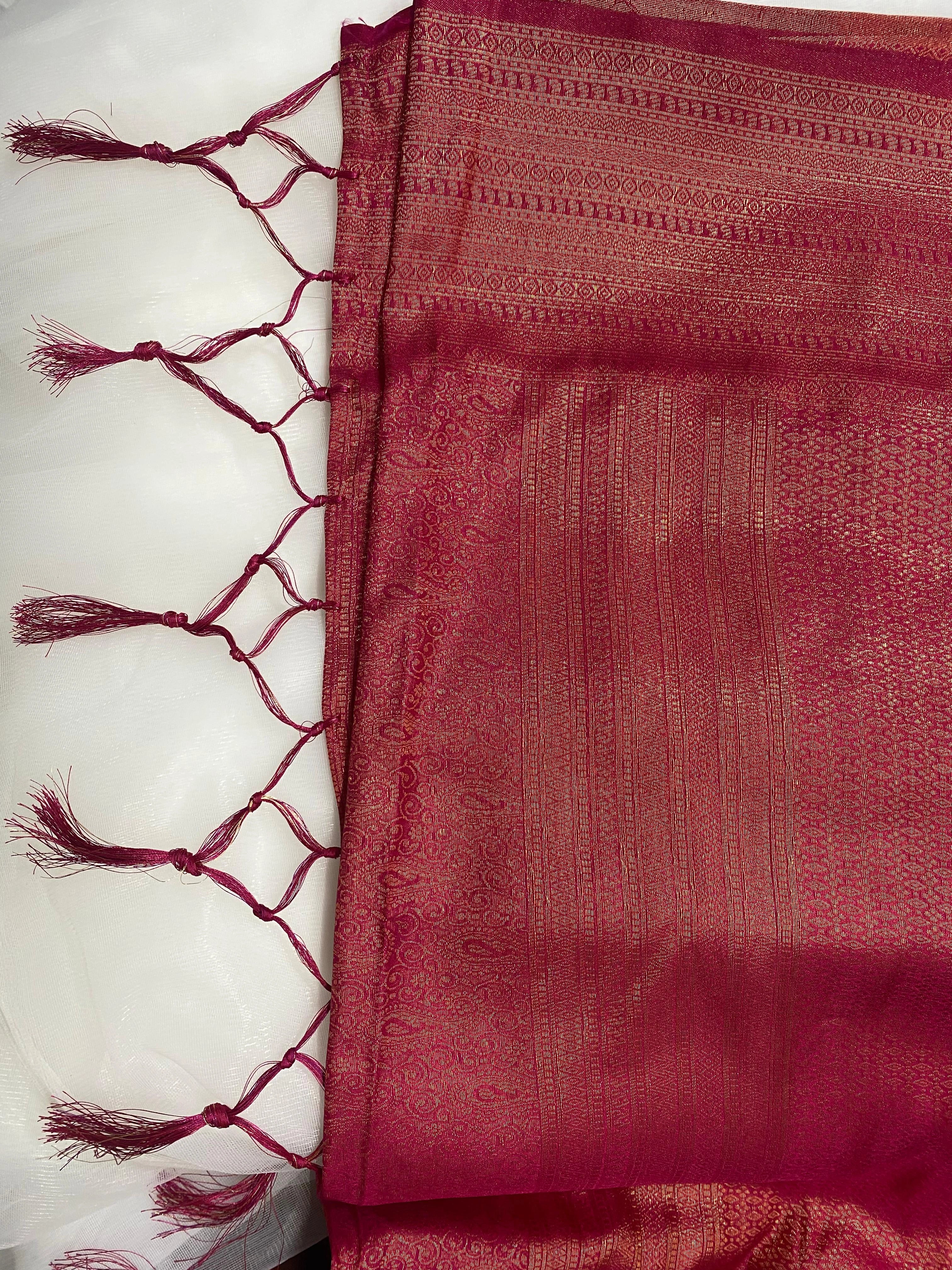Dark Magenta Banarasi Style Soft Silk Saree with Gold Zari