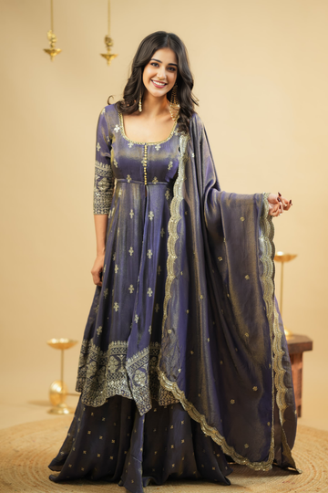 Grey Cosmo Embroidered Slit Anarkali Lehenga Set