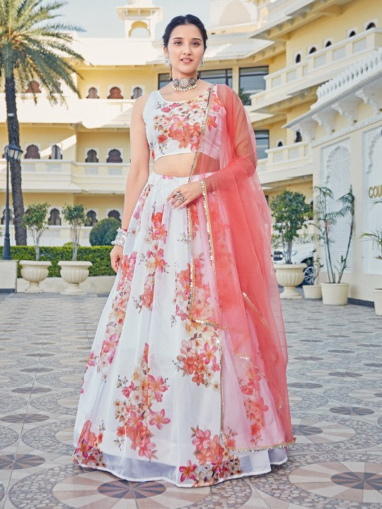 White & Pink Printed Sequinned Semi-Stitched Lehenga & Unstitched Blouse With Dupatta