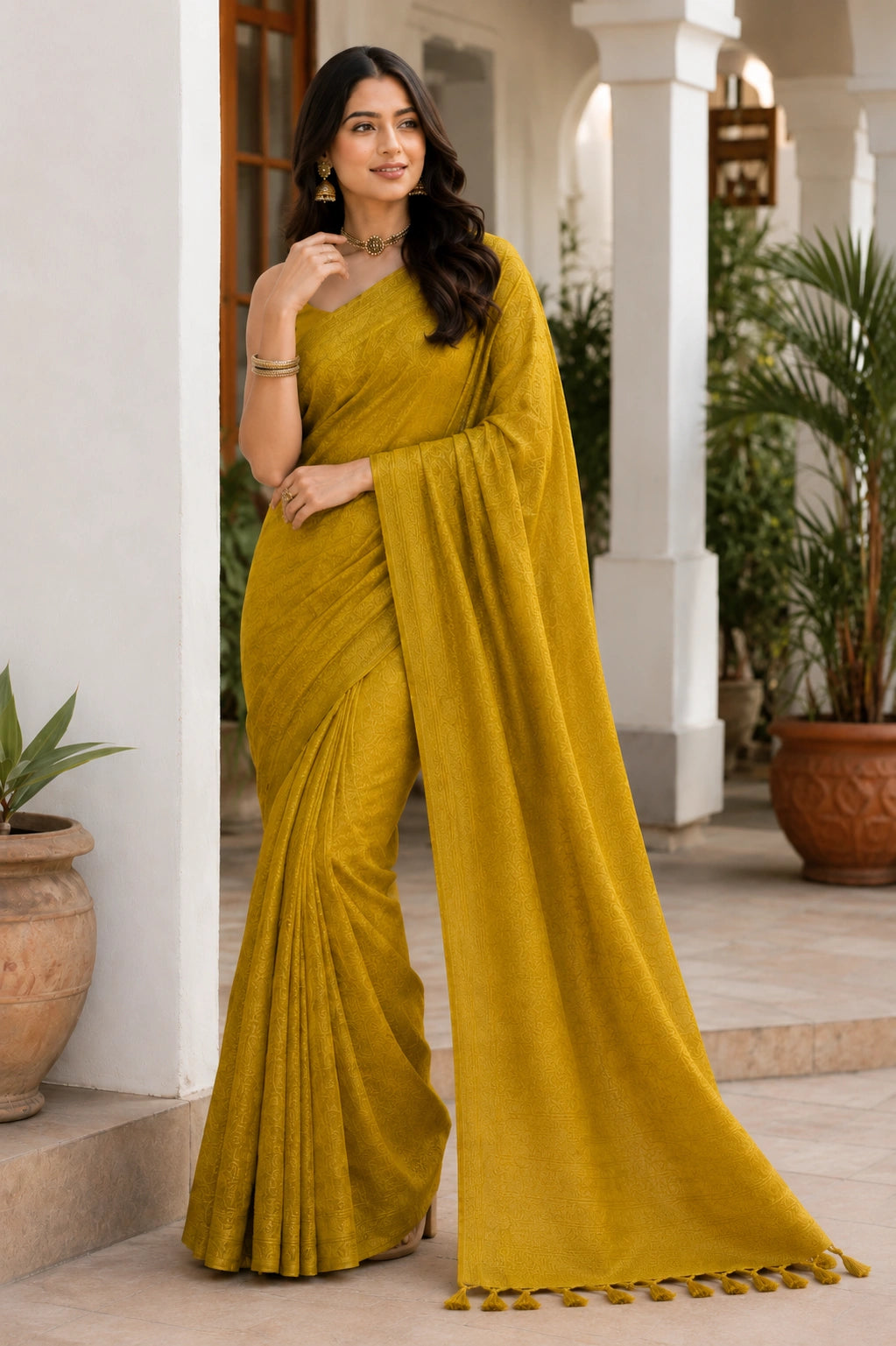 Golden Banarasi Style Soft Silk Saree with Zari Weave
