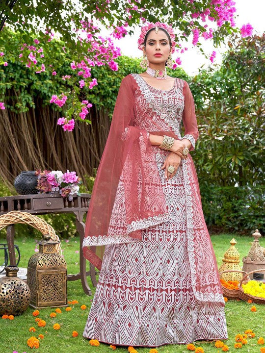 Embroidered Sequinned Semi-Stitched Lehenga & Blouse With Dupatta