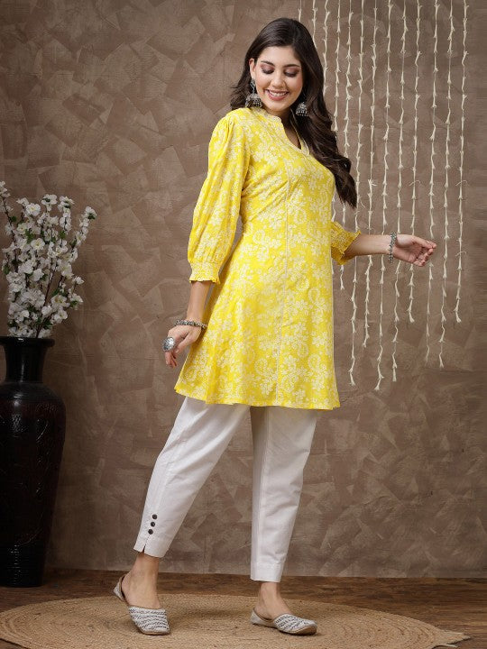 Yellow Floral Printed Thread Work Thread Work Kurti
