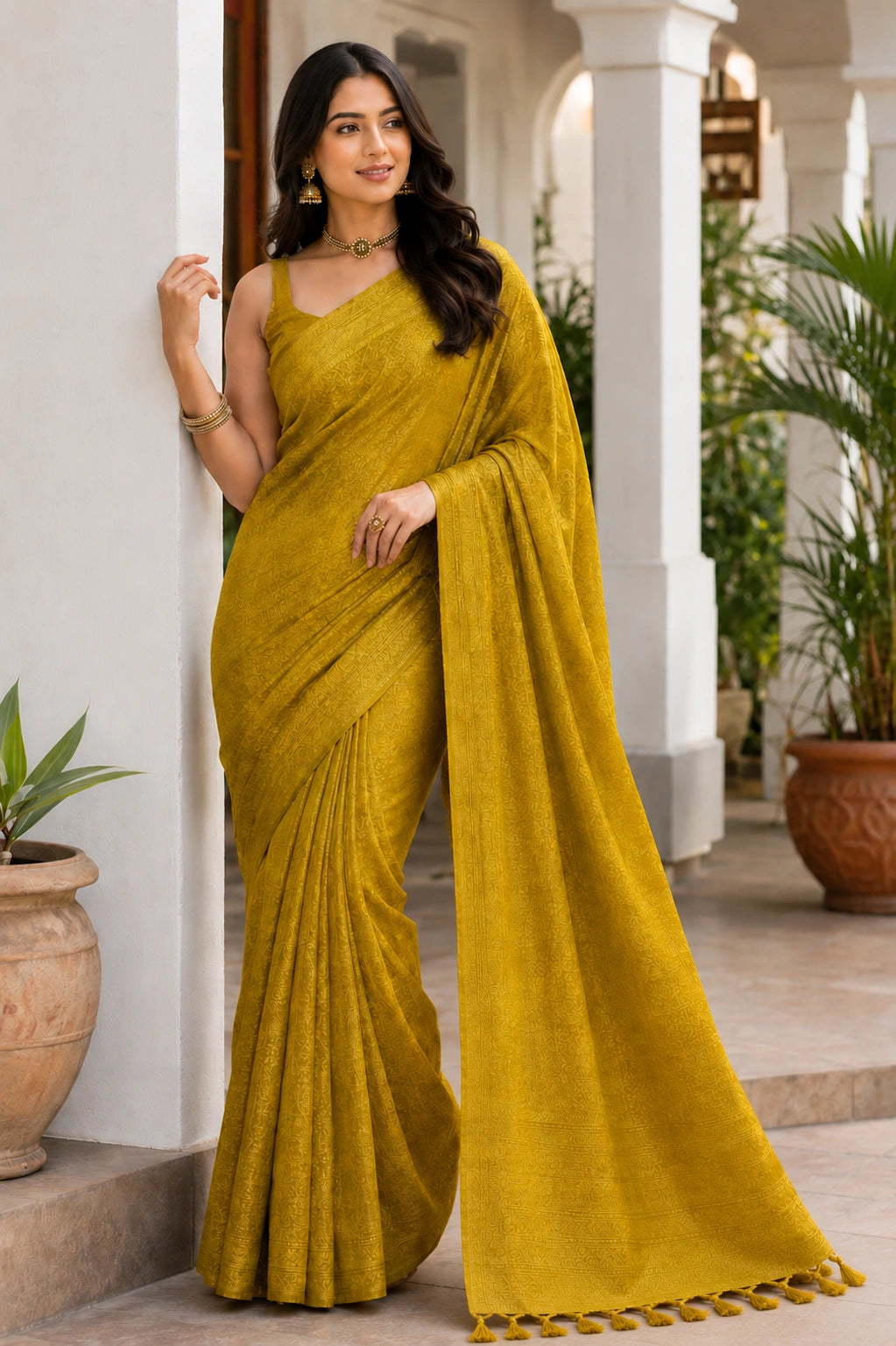 Golden Banarasi Style Soft Silk Saree with Zari Weave