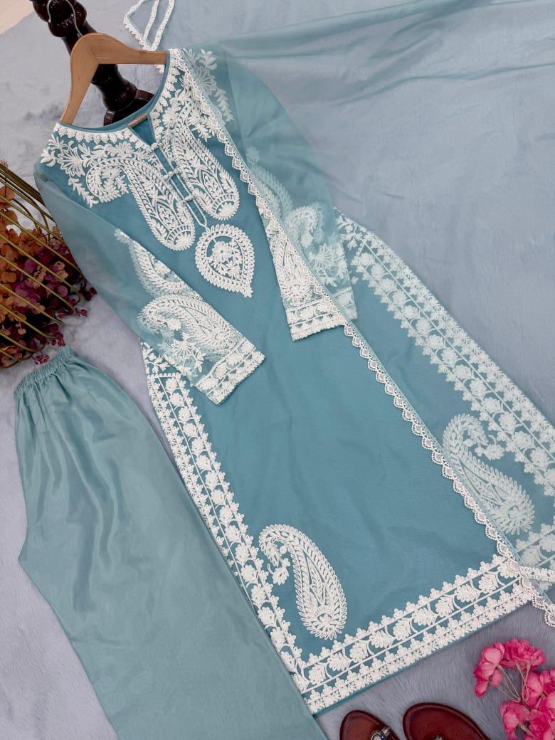 Sky Blue Embroidered Georgette Kurta Set With White Lace Detailing
