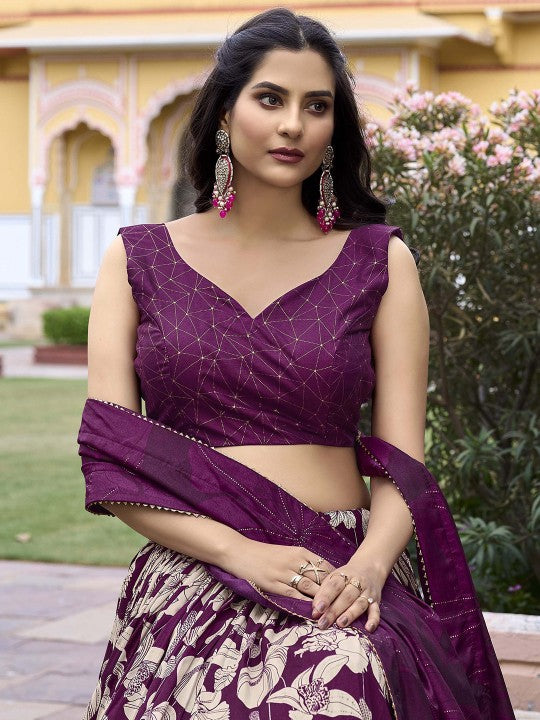 Printed Foil Print Semi-Stitched Lehenga & Unstitched Blouse With Dupatta